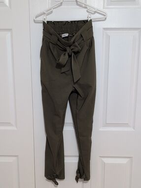 Olive Tie-Waist Paperbag Joggers